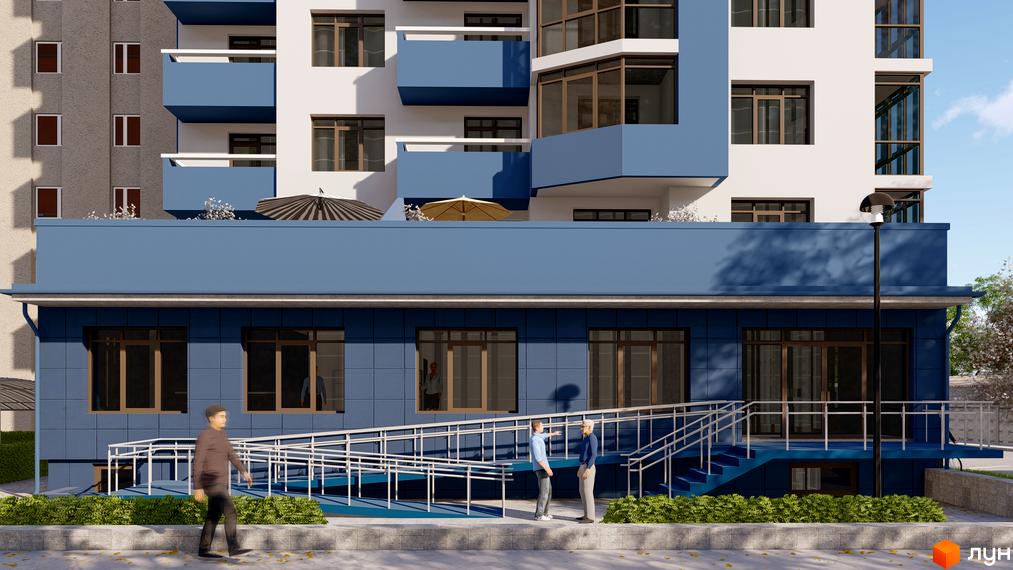 Зовнішній вигляд новобудови ЖК LakePark з синіми фасадами та балконами. Прибудинкова територія з пандусом та зеленими насадженнями.