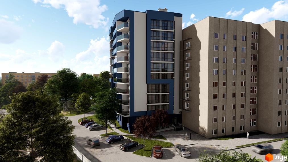 Зовнішній вигляд новобудови ЖК LakePark з сучасним дизайном та балконами. Прибудинкова територія з паркінгом та зеленими насадженнями.