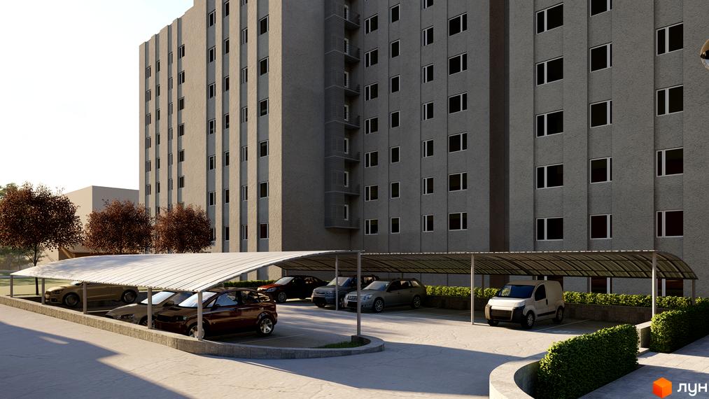 Житловий комплекс LakePark з сірим фасадом та паркінгом під навісом. На території комплексу розташовані автомобілі та зелені насадження.