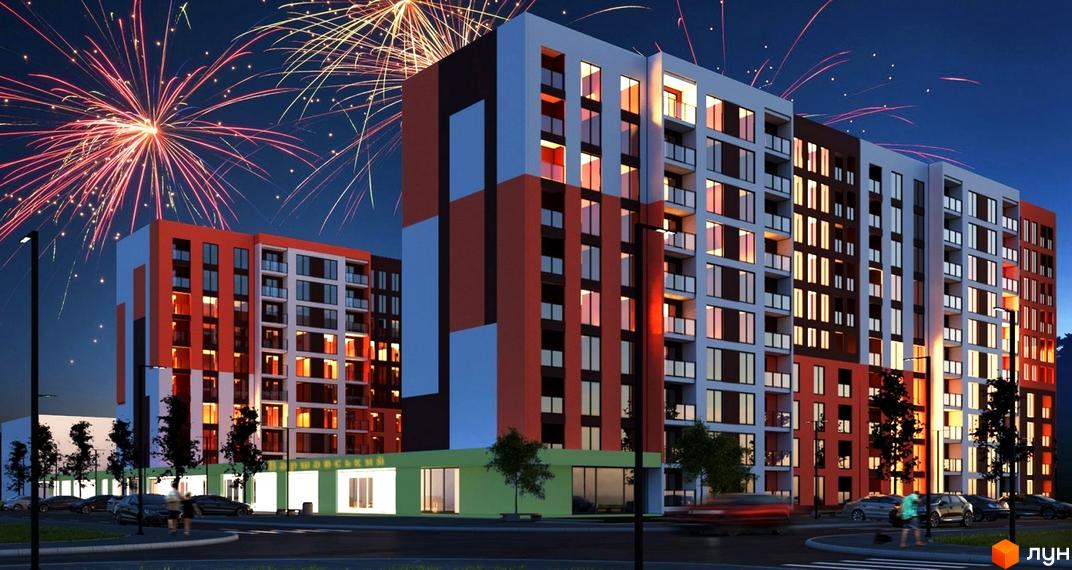 Житловий комплекс Варшавський у Києві. Сучасні будинки з яскравим фасадом на тлі святкового салюту. Зелена прибудинкова територія з деревами та освітленням.