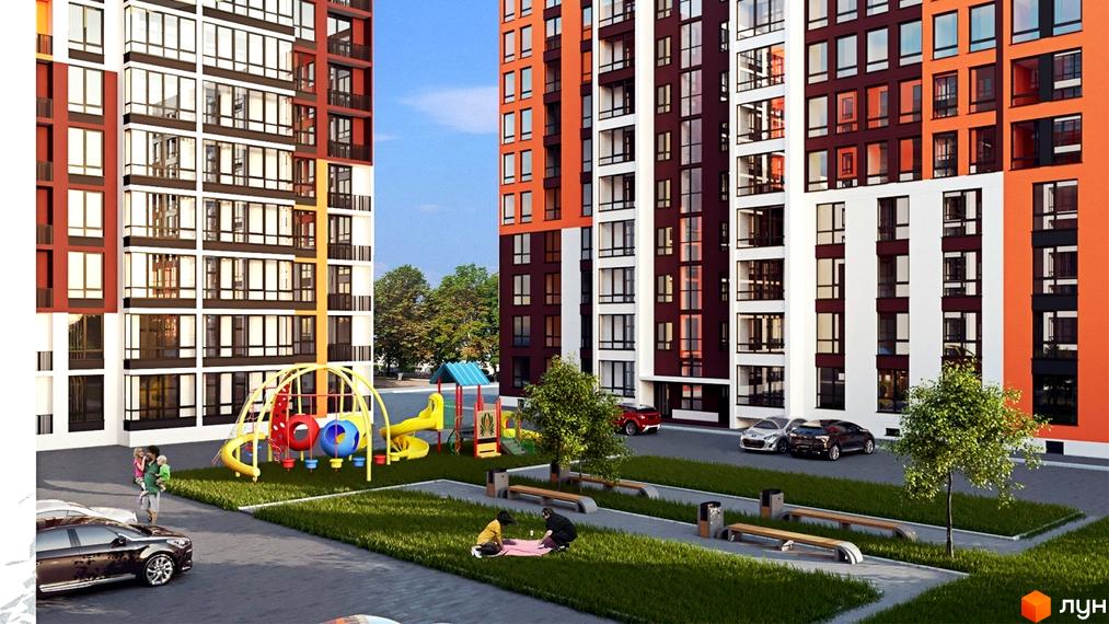Житловий комплекс Варшавський: фасади будинків з панорамними вікнами та дитячий майданчик з зонами відпочинку. Зелена територія біля новобудов.