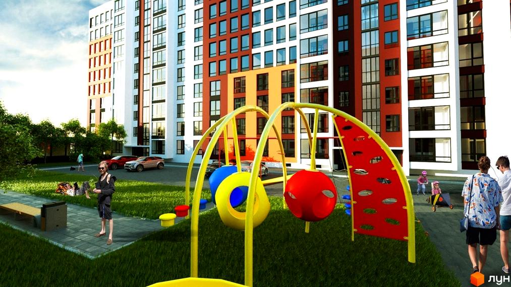 Житловий комплекс Варшавський: багатоповерхова будівля з фасадом у червоних, помаранчевих та білих тонах. На прибудинковій території дитячий майданчик та зелена зона.