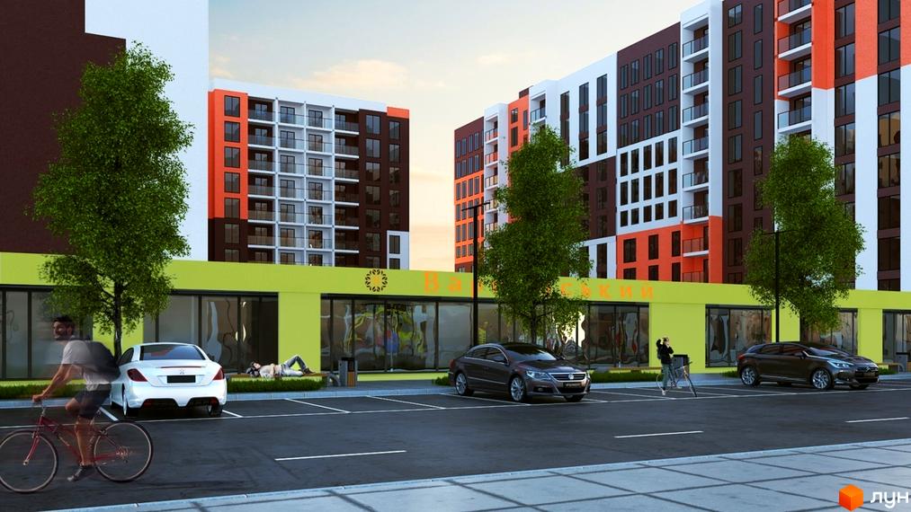 Житловий комплекс Варшавський: фасади будівель з помаранчевими та білими елементами, зелені дерева, парковка з автомобілями та людьми на велосипедах.