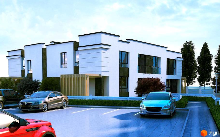 Котеджне містечко КМ Orion: фасади будівель з великими вікнами та паркінг з автомобілями. Прибудинкова територія з деревами та кущами.