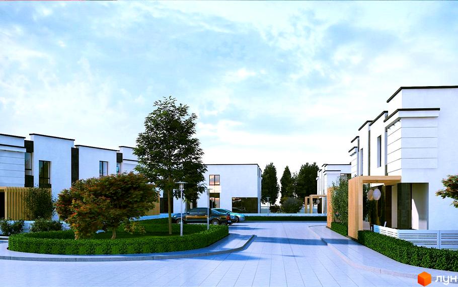 Котеджне містечко Оріон: білі двоповерхові будинки з чорними елементами та панорамними вікнами. Доглянута прибудинкова територія з деревами та кущами.