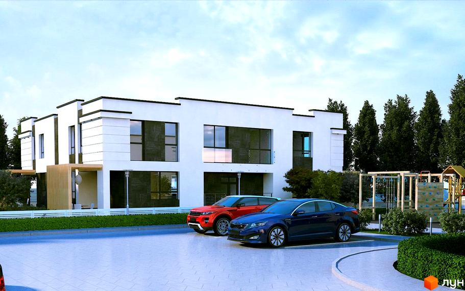 Котеджне містечко Оріон: біла двоповерхова новобудова з великими вікнами. Поруч парковка з автомобілями та дитячий майданчик.