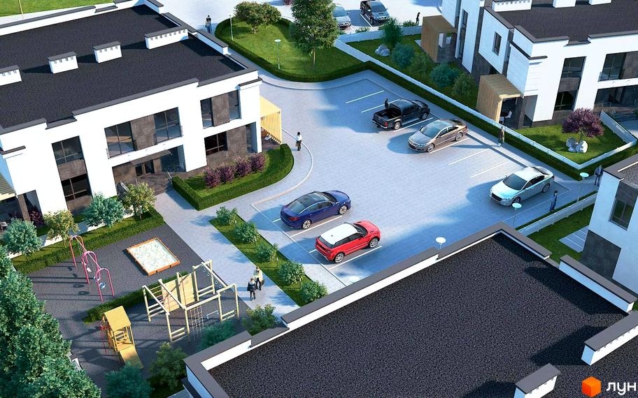 Зовнішній вигляд КМ Оріон з білими фасадами та темними дахами. На прибудинковій території дитячий майданчик та парковка з автомобілями.