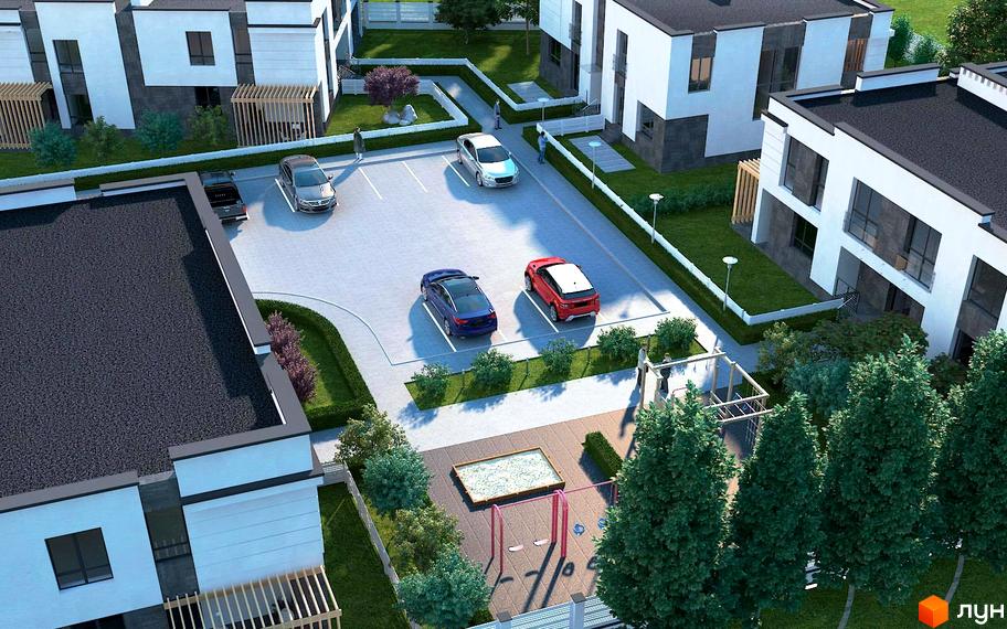 Котеджне містечко Оріон. Зовнішній вигляд будинків з білою та сірою обробкою, паркінг та дитячий майданчик на прибудинковій території.