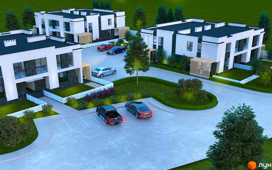 Котеджне містечко Оріон. Сучасні двоповерхові будинки з великими вікнами та плоскими дахами. Прибудинкова територія з доглянутими газонами, деревами та парковкою.