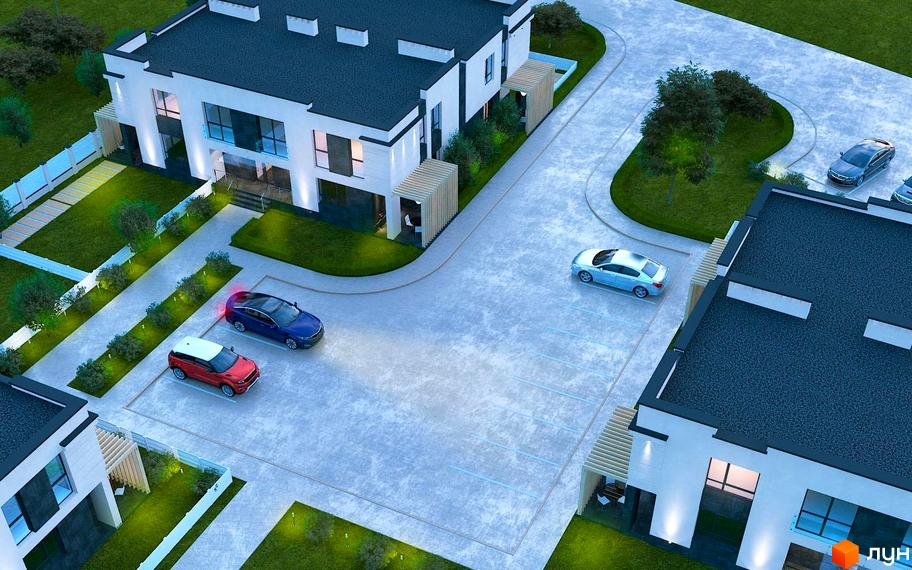 Котеджне містечко Оріон: двоповерхові будинки білого кольору з темним дахом та парковкою біля входу. Прибудинкова територія з газоном та деревами.