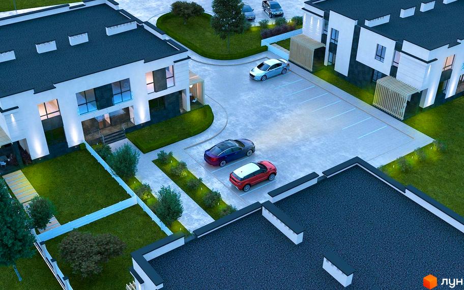 Котеджний комплекс КМ Оріон. Зовнішній вигляд сучасних будинків з парковкою та зеленими зонами. Новобудова з великими вікнами та освітленням.