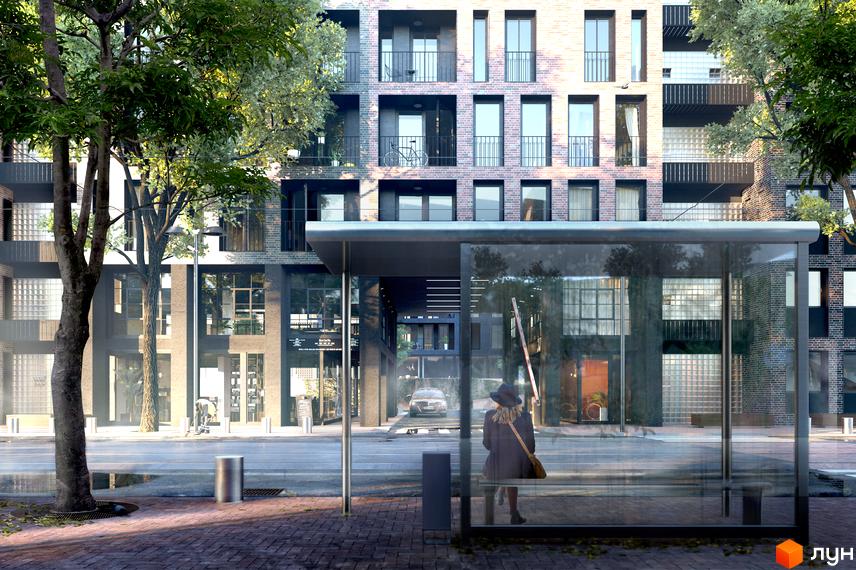 Багатоповерховий будинок Житлового комплексу 044 з цегляним фасадом та великими вікнами. Перед ним зелені дерева, бруківка та скляна зупинка громадського транспорту.