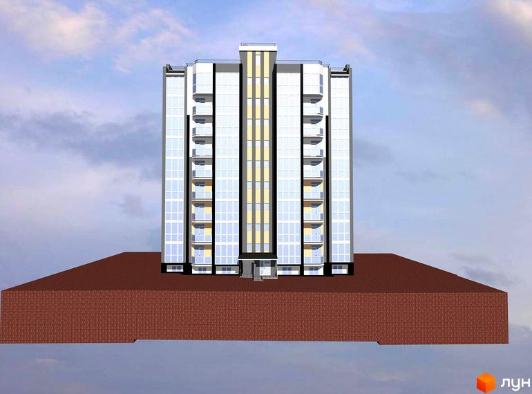 Багатоповерховий житловий будинок ЖМ Агрономічне зі світлим фасадом, великими вікнами та балконами. Розташований на широкій цегляній основі.