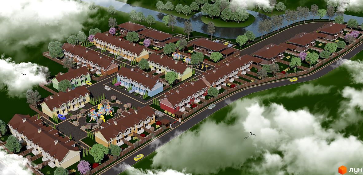 Зображення Котеджного містечка Sun City з будинками з коричневими дахами. На території є дитячий майданчик, дерева та парковка.