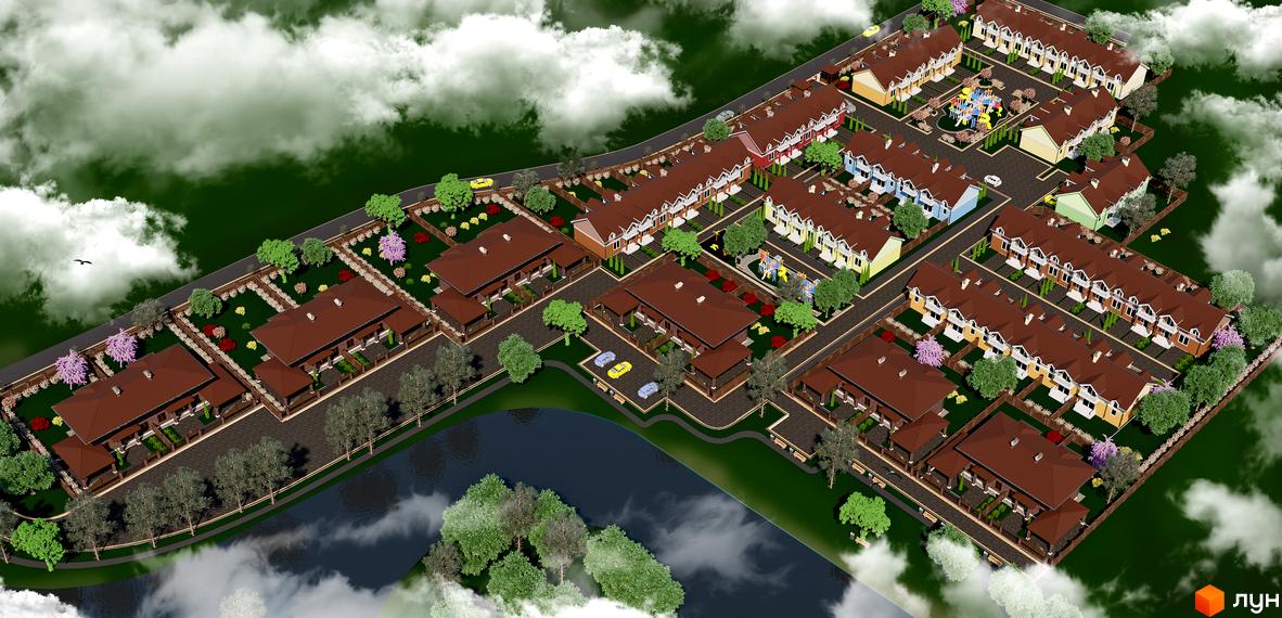 Візуалізація Котеджного містечка Sun City з будинками з коричневими дахами та зеленими подвір'ями. На території є дитячий майданчик та парковка.