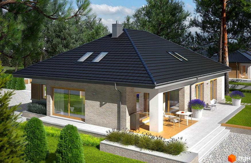 Котеджне містечко Європейський-2. Одноповерховий будинок з темним дахом, великими вікнами та терасою. Навколо будинку зелений газон та дерева.