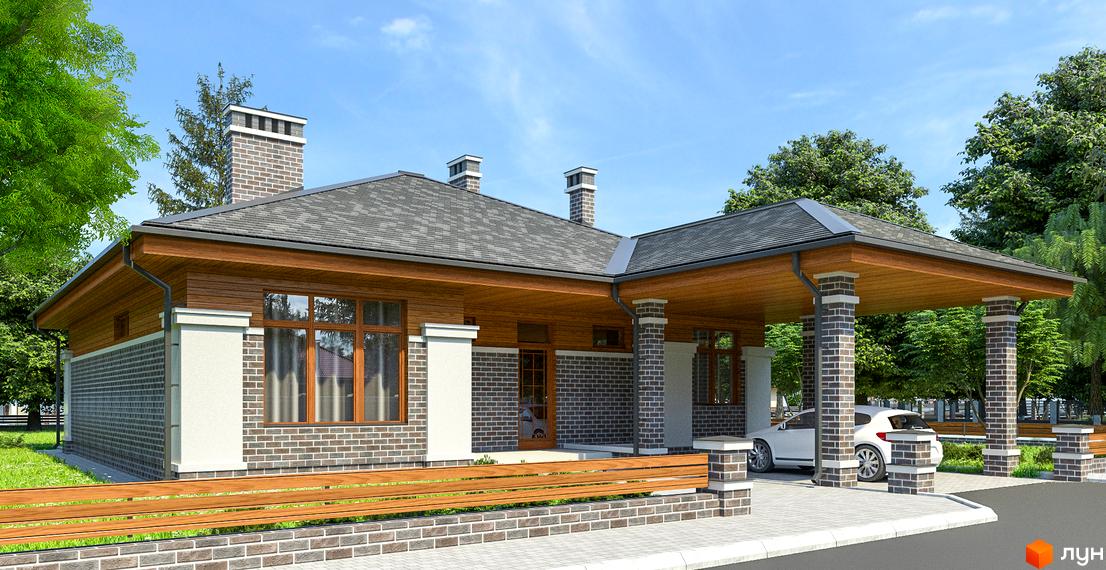 Котеджне містечко КМ Європейський-2: одноповерховий будинок з дерев'яним оздобленням та навісом для авто. Прибудинкова територія з бруківкою та огорожею.