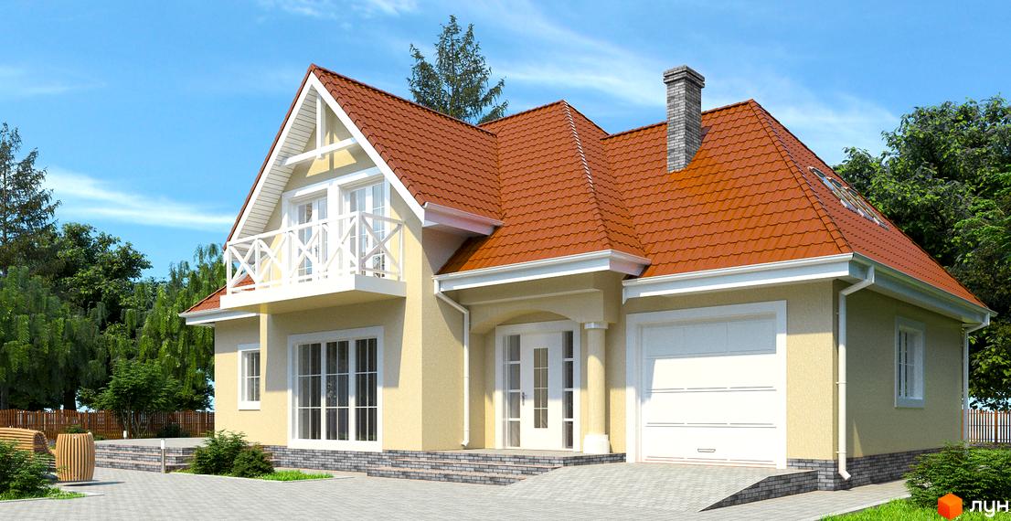 Котеджне містечко КМ Європейський-2: двоповерховий будинок з червоним черепичним дахом, балконом та гаражем. Прибудинкова територія з бруківкою та зеленими насадженнями.