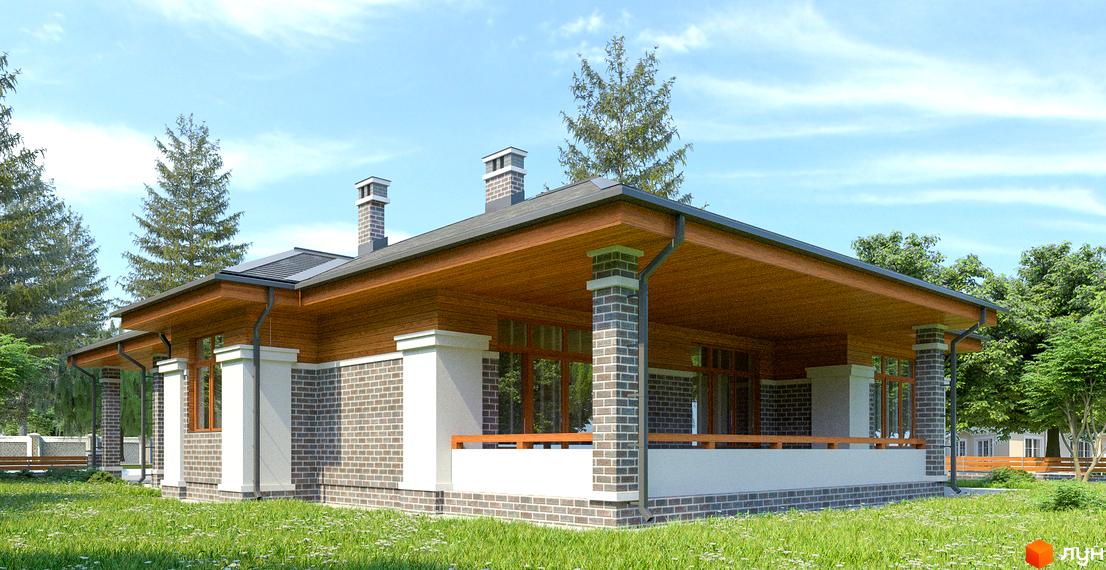 Котеджне містечко КМ Європейський-2: одноповерховий будинок з цегляним фасадом, великою терасою та зеленим газоном. Навколо будинку – дерева та квітуча трава.