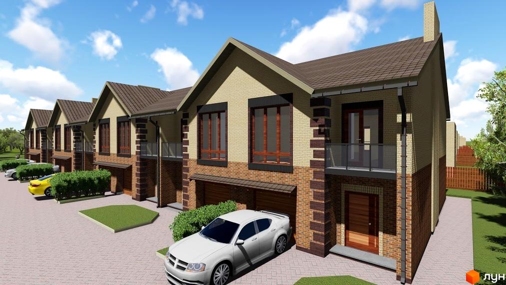 Зовнішній вигляд таунхаусів Green Villa з цегляним фасадом та гаражами. Прибудинкова територія з паркуванням та зеленими насадженнями.
