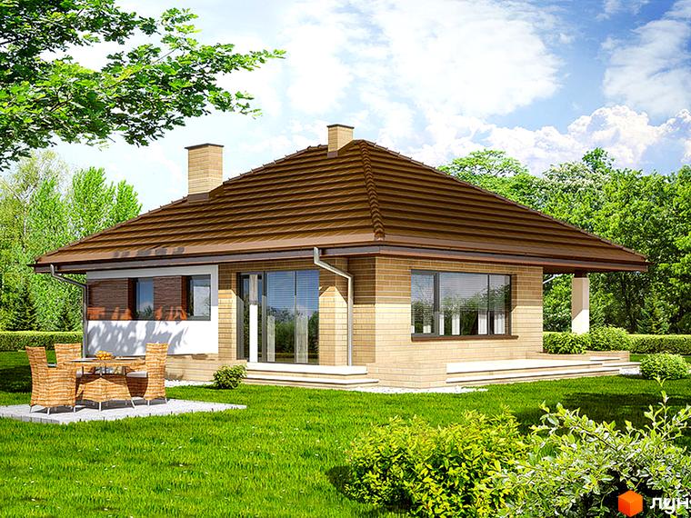 Котеджне містечко КМ Європейський-2: одноповерховий будинок з коричневим черепичним дахом та цегляним фасадом, терасою та зоною відпочинку на доглянутій зеленій ділянці.