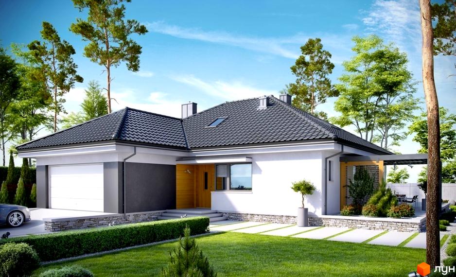 Котеджне містечко Європейський-2: одноповерховий будинок з темним дахом та гаражем, доглянутий газон та зелені насадження навколо. Фото новобудови.