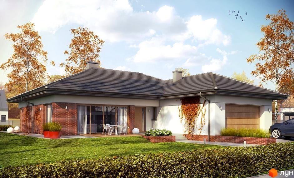 Котеджне містечко КМ Європейський-2: одноповерховий будинок з цегляним фасадом, великими вікнами та гаражем. Доглянутий зелений двір з кущами та деревами.