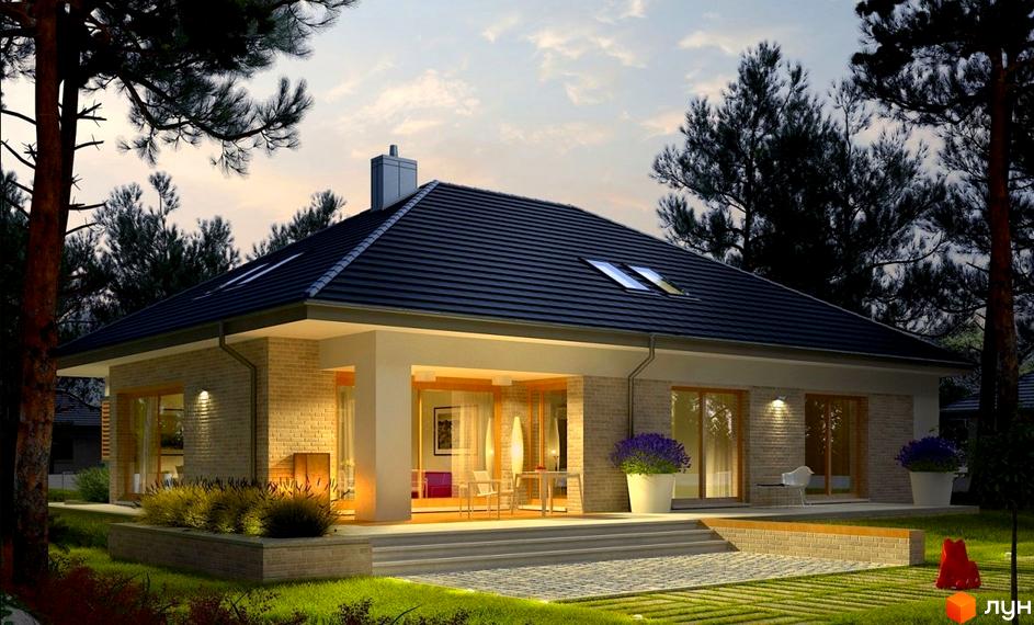 Котеджне містечко КМ Європейський-2: одноповерховий будинок з цегляним фасадом, великими вікнами та терасою. Прибудинкова територія з газоном та деревами.