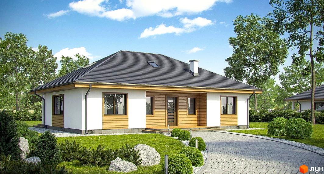 Котеджне містечко КМ Європейський-2. Одноповерховий будинок з сірим дахом, білими стінами та дерев'яними елементами фасаду. Прибудинкова територія з газоном, кущами та вимощеною доріжкою.