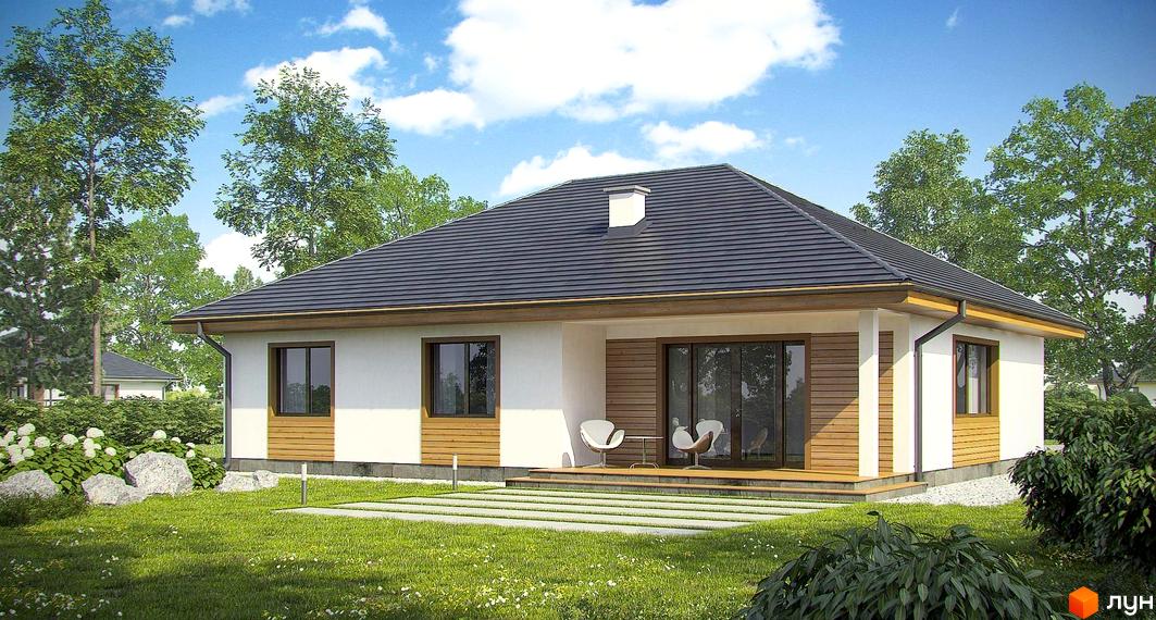 Котеджне містечко КМ Європейський-2: одноповерховий будинок з темним дахом, дерев'яною обшивкою та великими вікнами. Навколо будинку зелений газон, квіти та дерева.