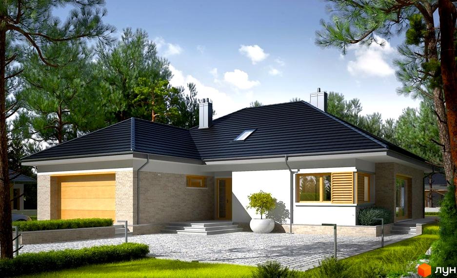 Котеджне містечко КМ Європейський-2: одноповерховий будинок з цегляним фасадом та гаражем, затишна прибудинкова територія з газоном та деревами.