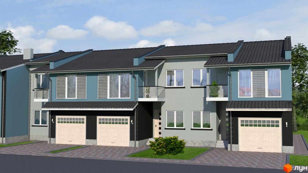 Таунхауси „Зубра“: фасади будинків сірого та синього кольорів, темні дахи, світлі гаражні ворота. Прибудинкова територія з бруківкою та зеленню.