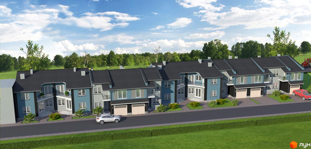 Зображення таунхаусів „Зубра“ з фасадом у блакитних та сірих тонах. На передньому плані видно дорогу та припарковані автомобілі.