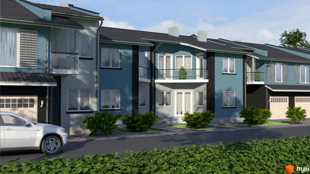 Таунхауси „Зубра“: фасади будинків синього та сірого кольорів, чорні дахи, балкони зі скляними огорожами. Прибудинкова територія з зеленими кущами та дорогою.