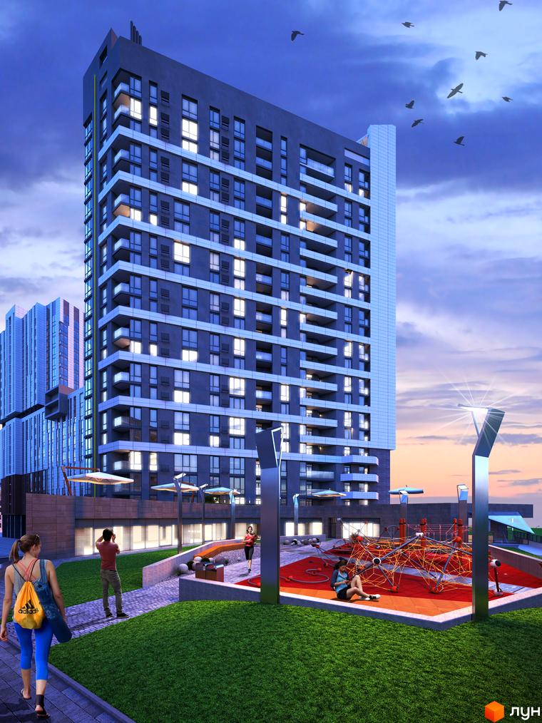 Житловий комплекс Щасливий Platinum – висотна будівля з балконами та великими вікнами. Прибудинкова територія з дитячим майданчиком та зонами відпочинку.
