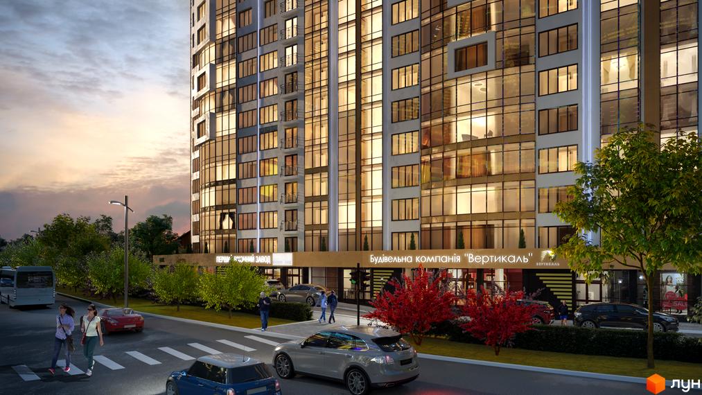 Новобудова ЖК Lystopad з панорамними вікнами та фасадом з натуральних матеріалів. Прибудинкова територія з деревами та пішохідним переходом.