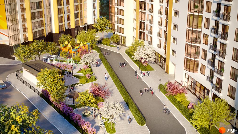 Житловий комплекс Lystopad: фасади будинків з жовтими елементами та балконами. Прибудинкова територія з дитячим майданчиком, деревами та зонами відпочинку.