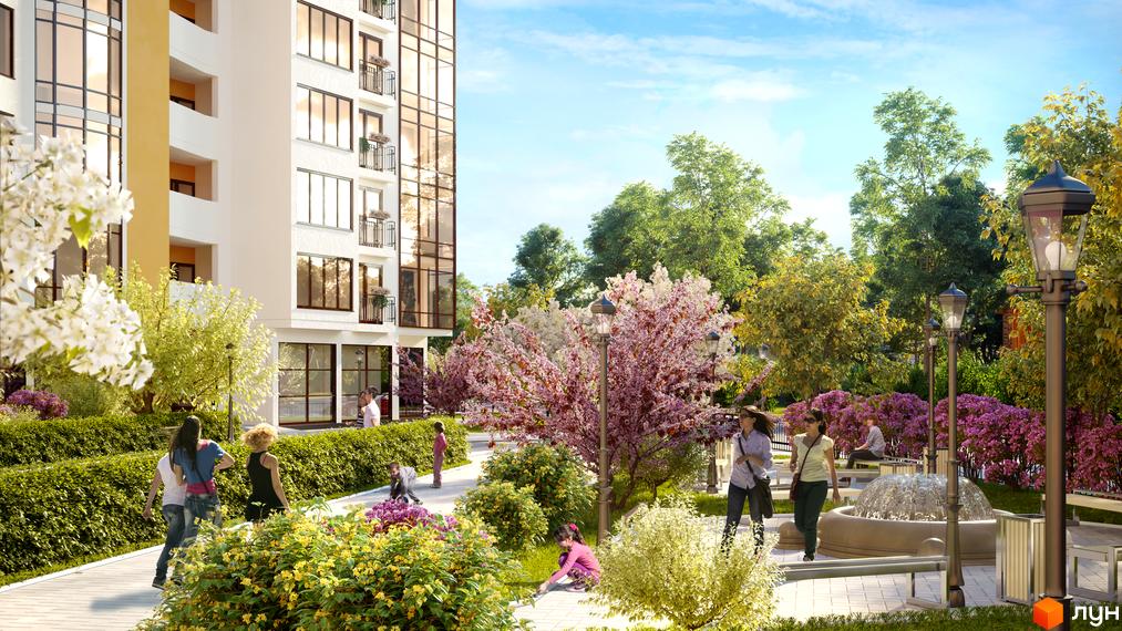 Житловий комплекс Lystopad: фасад будівлі з великими вікнами та балконами, зелена прибудинкова територія з деревами, квітами та фонтаном. Люди відпочивають на території.