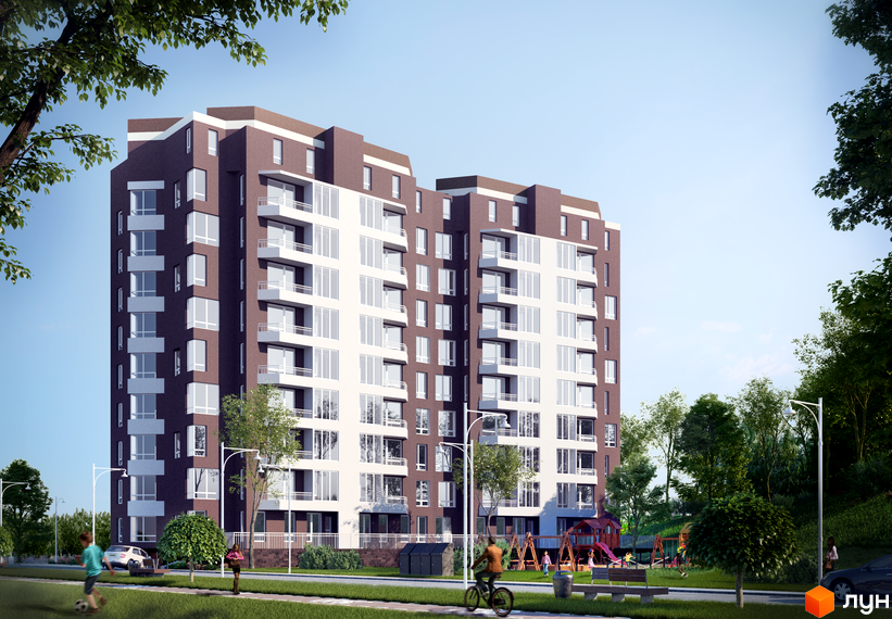 Житловий комплекс Околиця Джона Леннона - це багатоповерховий будинок з біло-бордовими фасадами та балконами. Територія навколо будинку облаштована дитячим майданчиком та зеленими насадженнями.