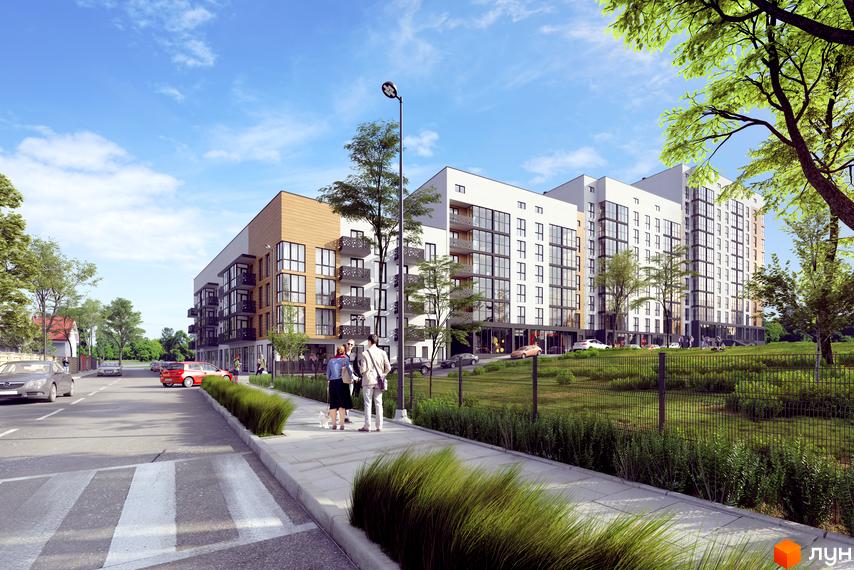 Зображення житлового комплексу Plus. Багатоповерховий будинок з великими вікнами та балконами. На території є зелені насадження, тротуар та дорога.