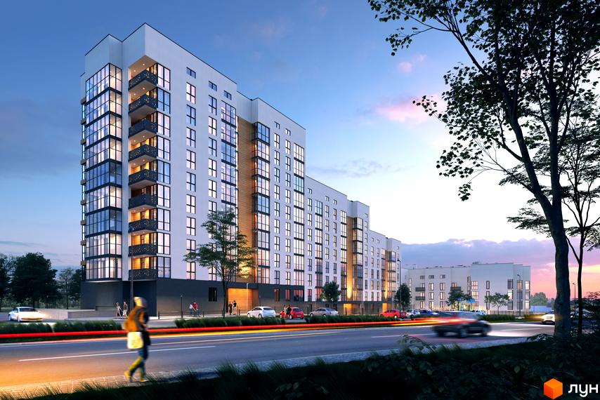 Житловий комплекс Plus з великими вікнами та балконами. На території комплексу є дорога з автомобілями та зелені насадження.