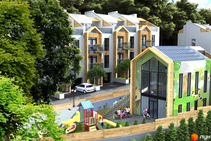 Житловий комплекс Royal Estate з фасадами з дерева та білої штукатурки. На прибудинковій території дитячий майданчик та зона відпочинку.