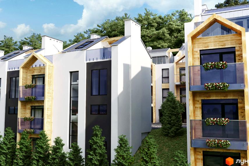 Зовнішній вигляд новобудови Royal Estate з дерев'яними елементами та скляними балконами. Навколо будинку зелені дерева та доглянута територія.