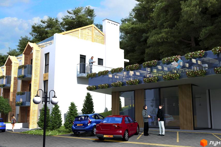 Житловий комплекс Royal Estate з білими фасадами, дерев'яними елементами та скляними балконами. На прибудинковій території розташовані зелені насадження та парковка з автомобілями.