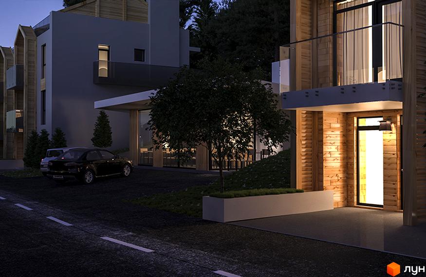 Зовнішній вигляд житлового комплексу Royal Estate з дерев'яними елементами та скляними балконами. Прибудинкова територія з автомобілями та зеленими насадженнями.