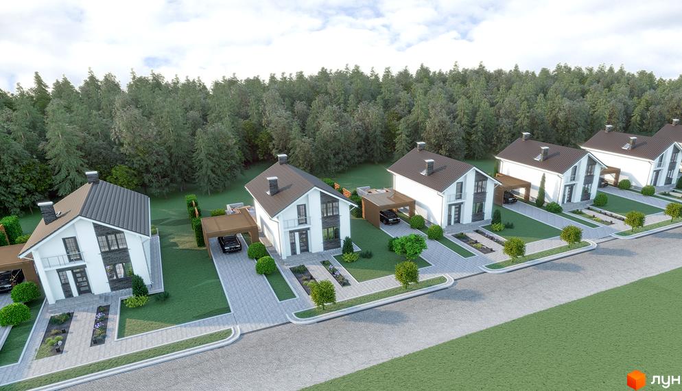 Котеджне містечко КМ Раковецькі Джерела. Зовнішній вигляд білих двоповерхових будинків з темними дахами та прибудинковою територією з зеленими насадженнями та парковками.