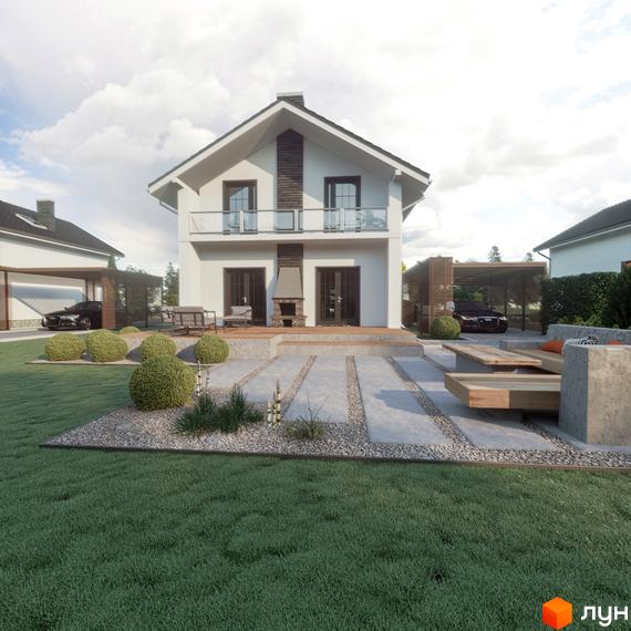 Котеджне містечко Раковецькі Джерела: двоповерховий білий будинок з каміном на терасі та доглянутою прибудинковою територією з газоном і доріжками.