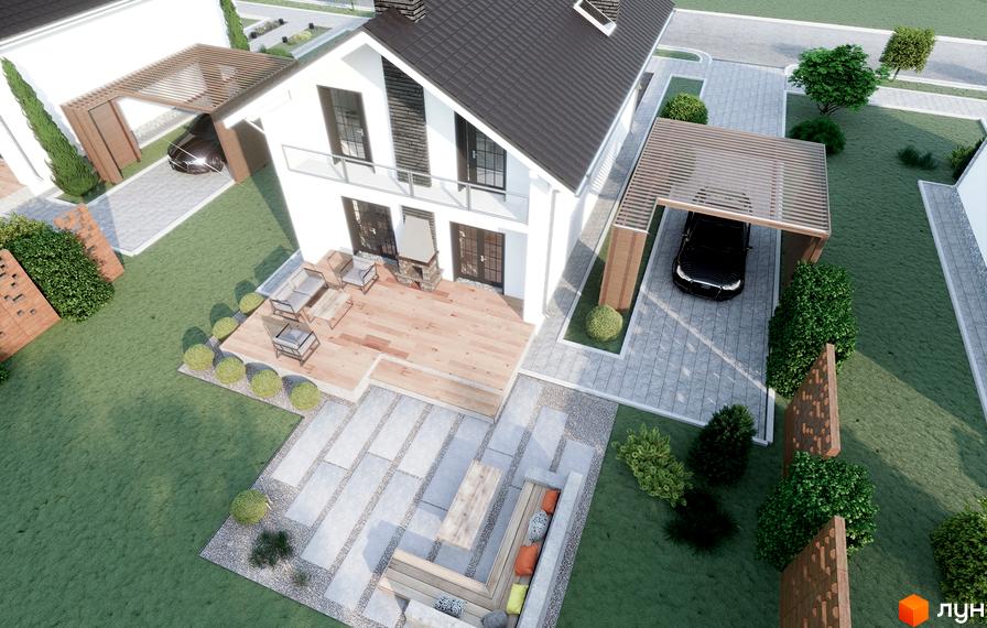 Котеджне містечко Раковецькі Джерела з білим фасадом, дерев'яною терасою та зоною відпочинку. На території розташовані навіси для автомобілів, зелені насадження та вимощені доріжки.