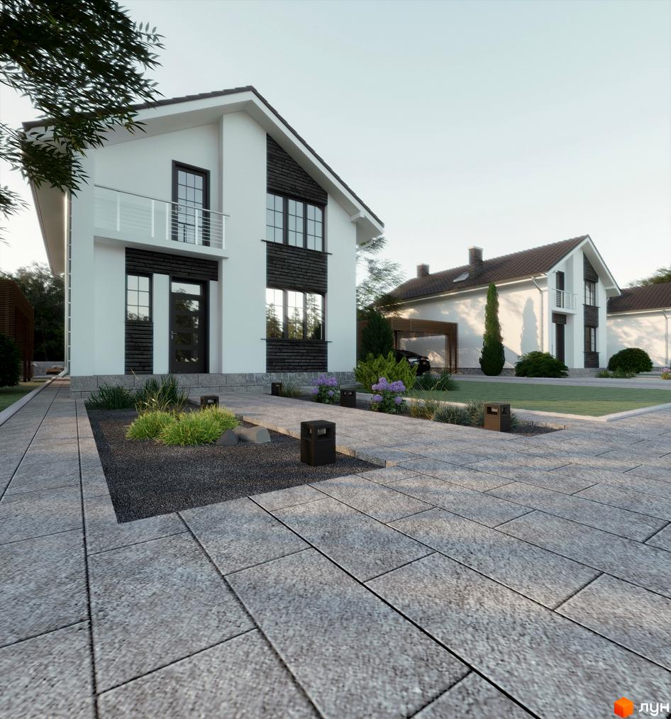 Котеджне містечко Раковецькі Джерела: двоповерхові будинки з білою та темною обробкою фасаду, великими вікнами та балконами. Прибудинкова територія з бруківкою, зеленими насадженнями та сучасними ліхтарями.