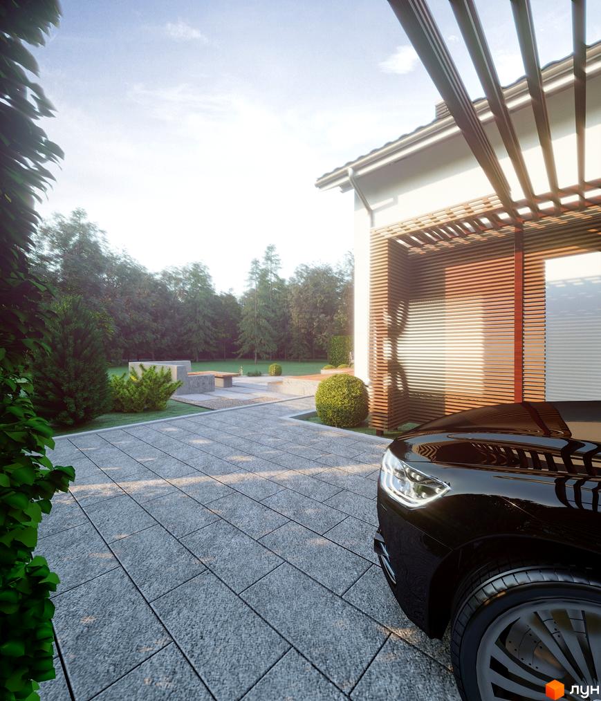 Котеджне містечко Раковецькі Джерела: сучасний будинок з дерев'яною перголою та прибудинковою територією з бруківки та зелені. Парковка біля будинку з чорним автомобілем.